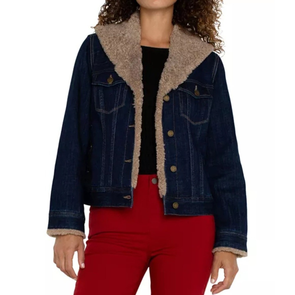 Liverpool Denim Faux Fur Sherpa Collar Jean Trucker Jacket Denim Dark Wash XL